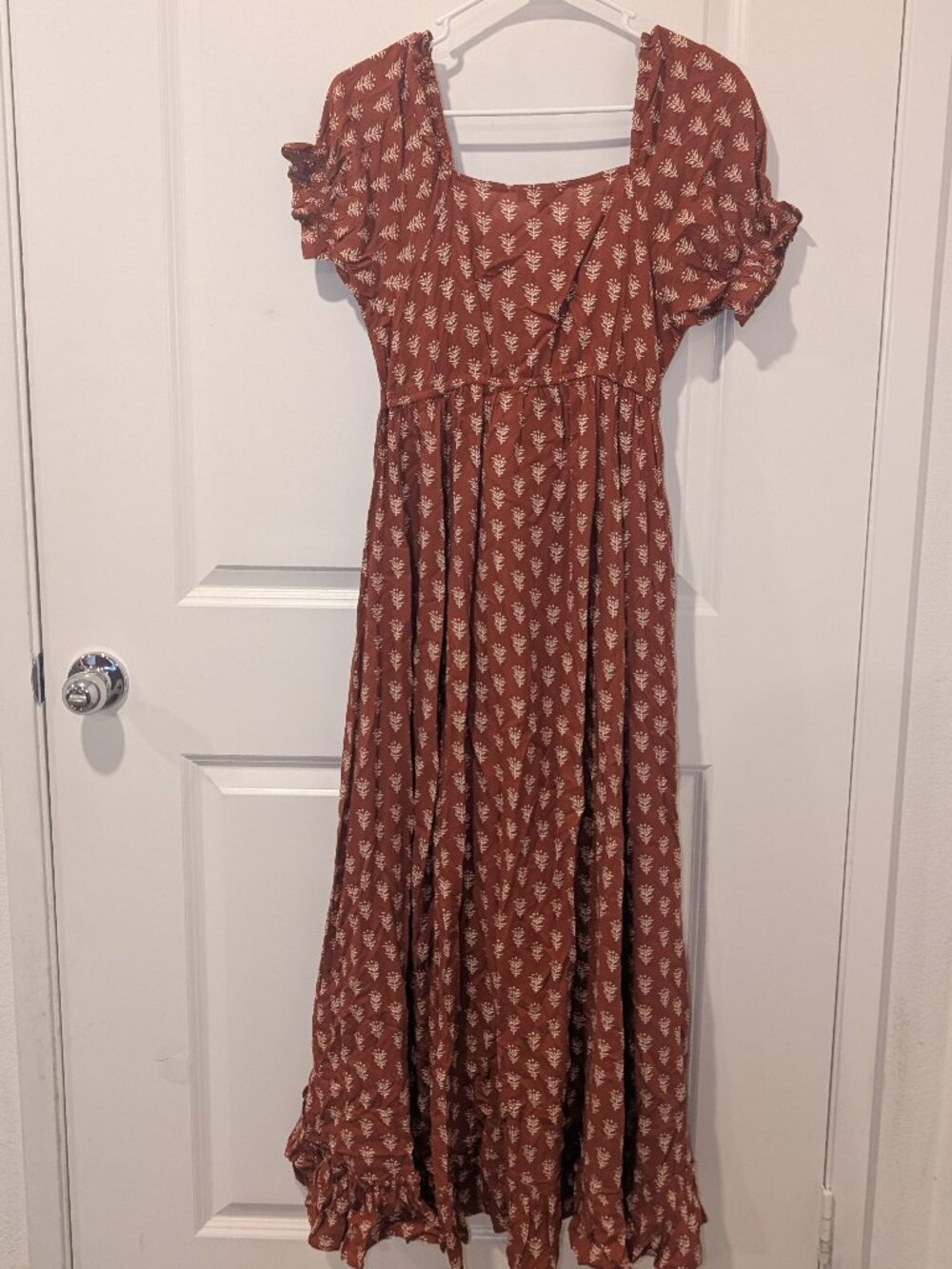 Rust Orange Boho Midi Dress | Puff Sleeve Tie Front Cottagecore Western - Picture 3 of 4